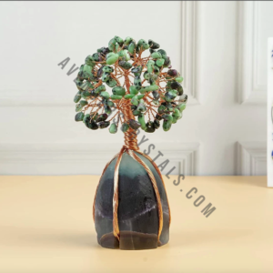 Green Emerald Gemstone Chips Tree With Black Agate Stone Base