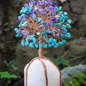 Amethyst & Turquoise Gemstone Chips Tree with Stone Base