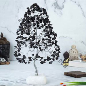 Black Agate Gemstone Chips Tree With White Quartz Slice Base