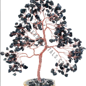 Black Agate Gemstone Crystals Chips Tree With Agate Slice Base