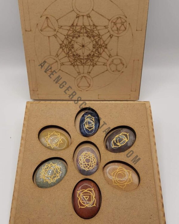 Seven Chakra Engraved Palm Stones Set with Metatron Chakra Wooden Box