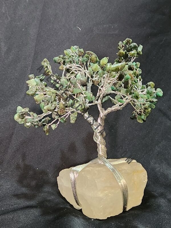 Green Emerald Gemstone Chips Tree With Clear Quartz Quartz Stone Base Silver Wire Wrapped
