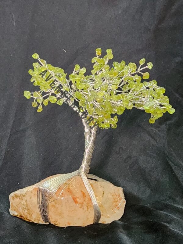 Peridot Gemstone Chips Tree With Clear Quartz Quartz Stone Base Silver Wire Wrapped