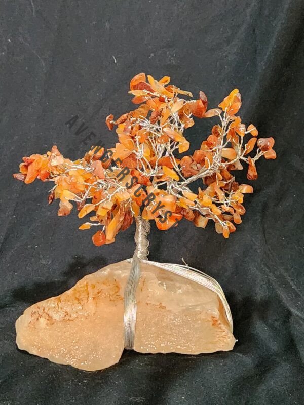 Red Carnelian Gemstone Chips Tree With Clear Quartz Stone Base Silver Wire Wrapped