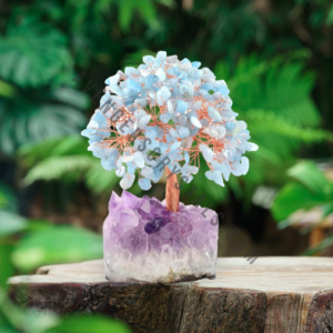 Aquamarine Crystals Chips Tree With Amethyst Cluster Base