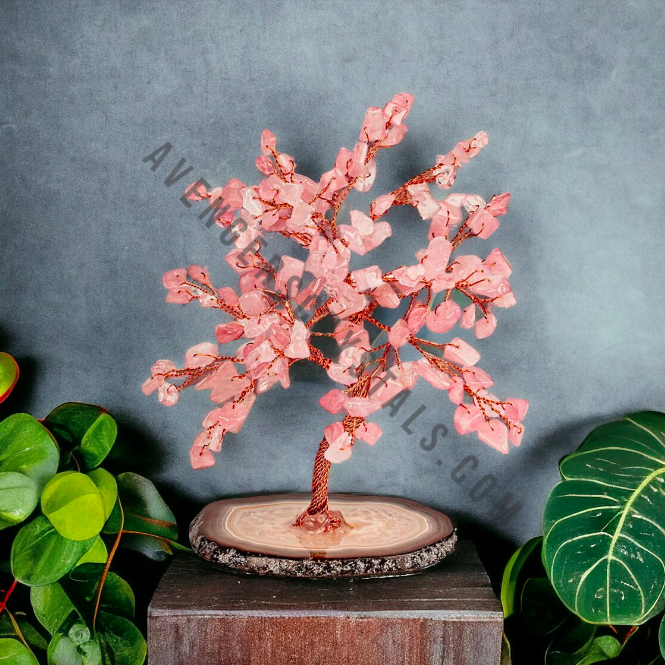 Rose Quartz Gemstone Chips Tree With Agate Slice Base