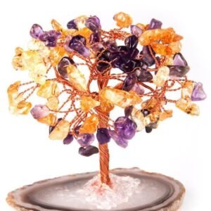 Yellow Aventurine Amethyst Gemstone Chips Tree With Agate Slice Base