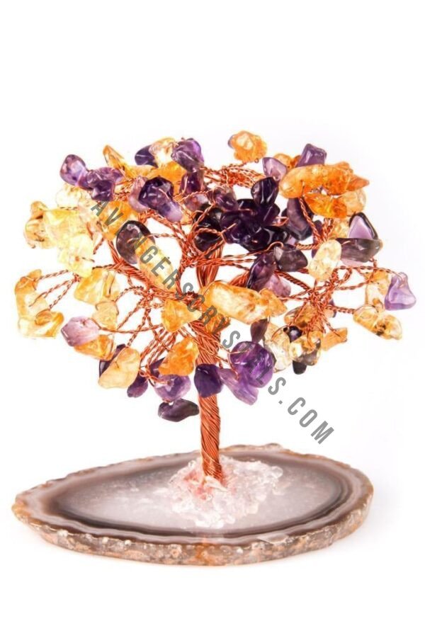 Yellow Aventurine Amethyst Gemstone Chips Tree With Agate Slice Base