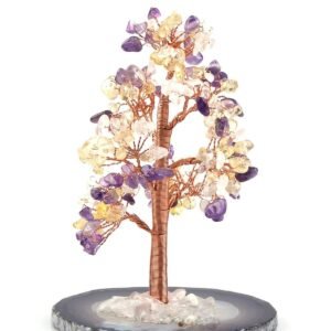 Citrine Amethyst Gemstone Chips Tree With Agate Slice Base