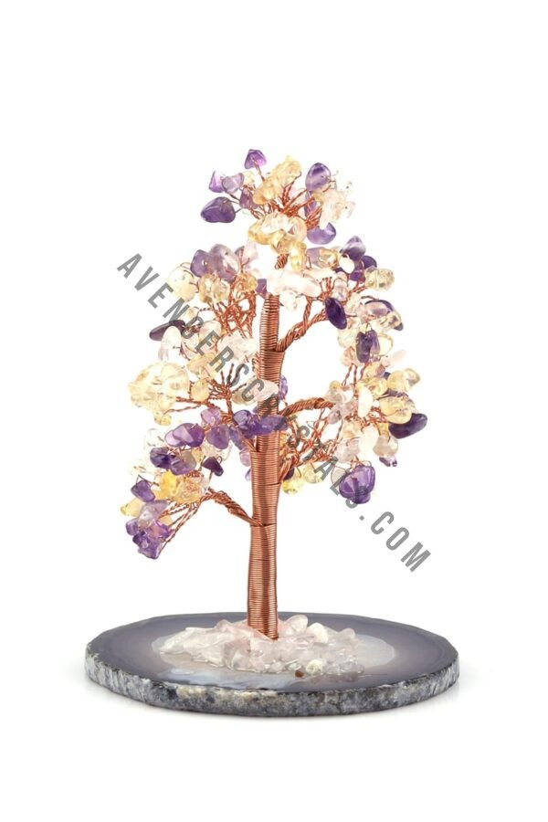 Citrine Amethyst Gemstone Chips Tree With Agate Slice Base