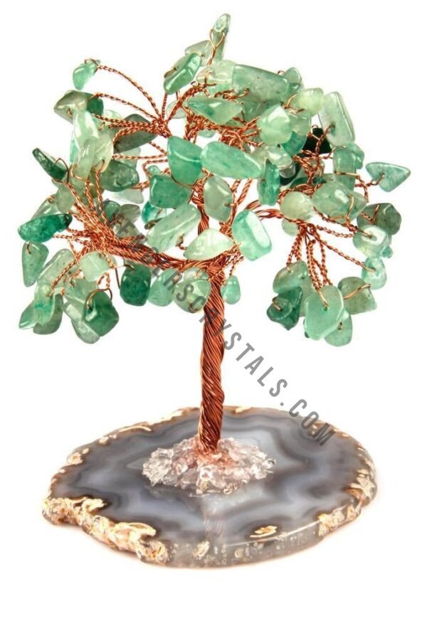 Green Aventurine Gemstone Chips Tree With Agate Slice Base