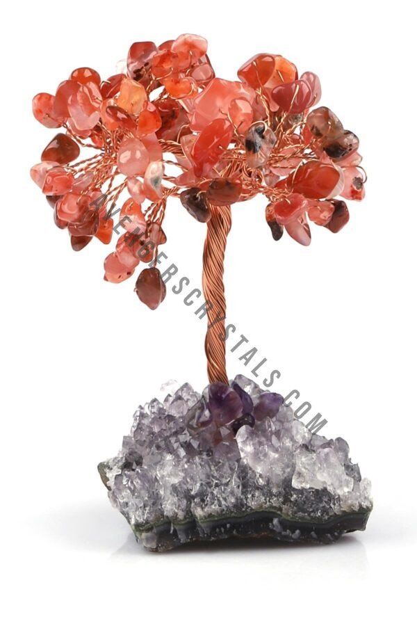 Red Carnelian Gemstone Chips Tree With Amethyst Cluster Base