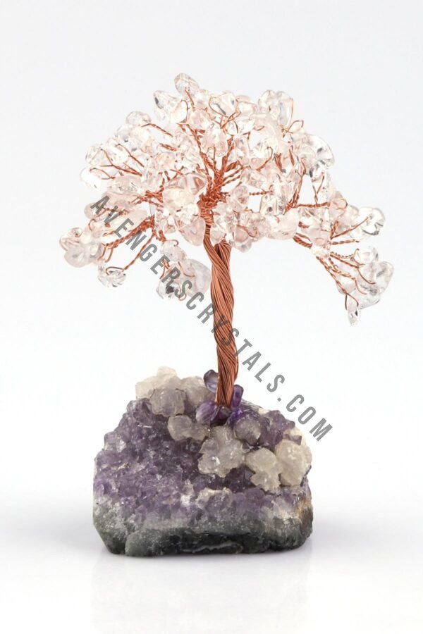 Clear Quartz Gemstone Chips Tree With Amethyst Cluster Base