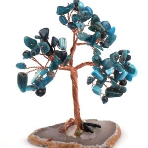 Blue Apatite Crystals Chips Tree With Agate Slice Coaster Base