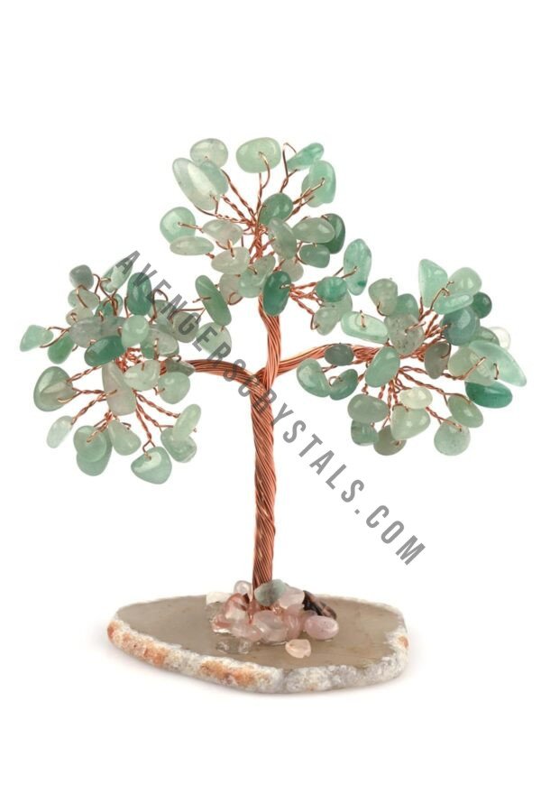 Green Aventurine Crystals Chips Tree With Agate Slice Coaster Base
