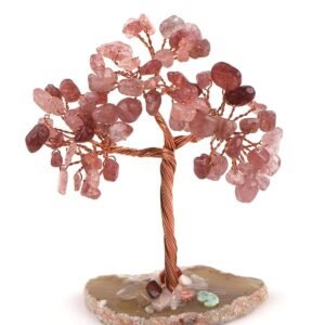 Strawberry Quartz Crystals Chips Tree With Agate Slice Coaster Base