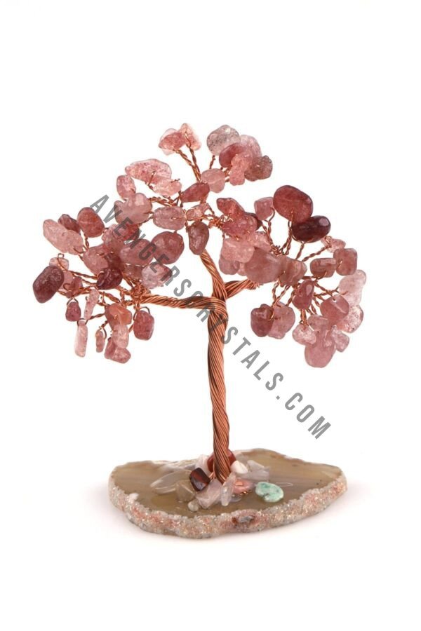 Strawberry Quartz Crystals Chips Tree With Agate Slice Coaster Base