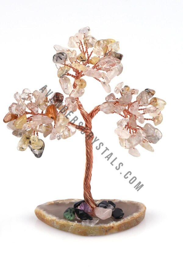 Golden Rutile Crystals Chips Tree With Agate Slice Coaster Base
