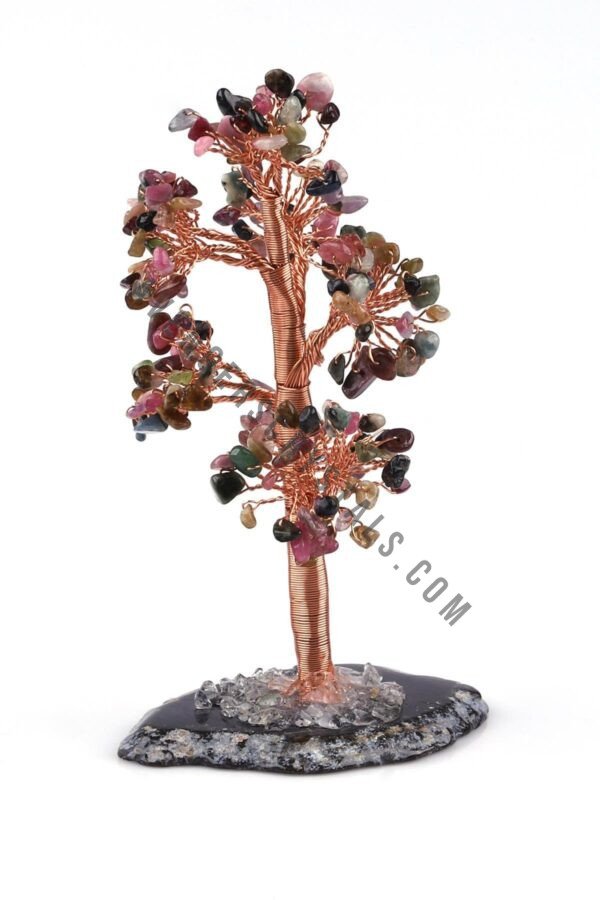 Multi Tourmaline Gemstone Chips Tree with Agate Slice Coaster BAse