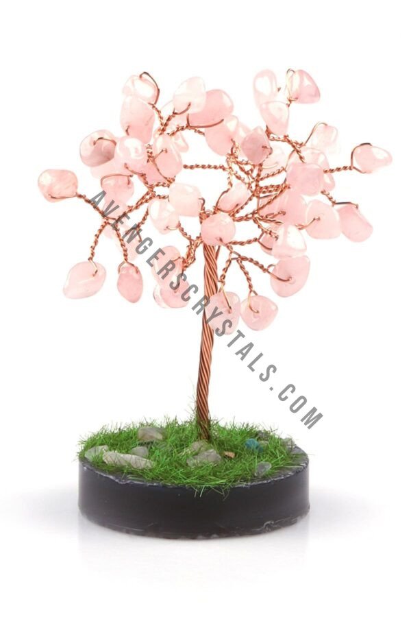 Rose Quartz Crystals Chips Tree With Black Agate Slice Base