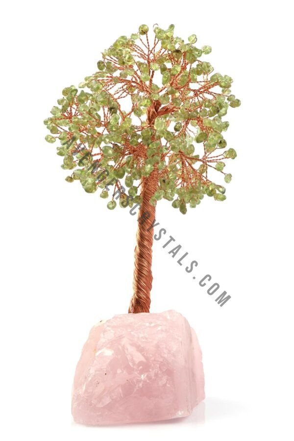 Peridot Gemstone Chips Tree With Rose Quartz Base